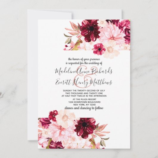 Moderne Bourgogne & Blush Bloemen Bruiloft Uitnodi Kaart (Voorkant)