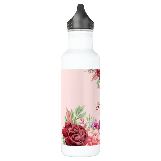 Moderne Bourgogne Blush Bloemen Naam Waterfles (Links)
