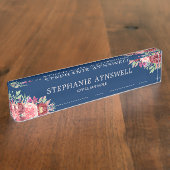 Moderne Bourgogne Blush Bloemen Navy Blauwe Waterv Naambordje (Zijkant)