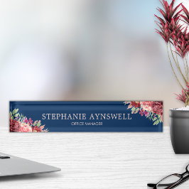 Moderne Bourgogne Blush Bloemen Navy Blauwe Waterv Naambordje