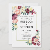 Moderne Bourgogne Blush Rozen Bloemen Ivoor Bruilo Kaart (Voorkant)