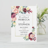 Moderne Bourgogne Blush Rozen Bloemen Ivoor Bruilo Kaart (Staand voorkant)