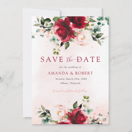 Moderne Bourgogne Blush Waterverf Bloemen Bruiloft Save The Date (Voorkant)