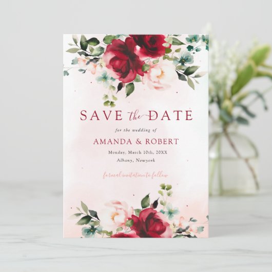 Moderne Bourgogne Blush Waterverf Bloemen Bruiloft Save The Date (Staand voorkant)