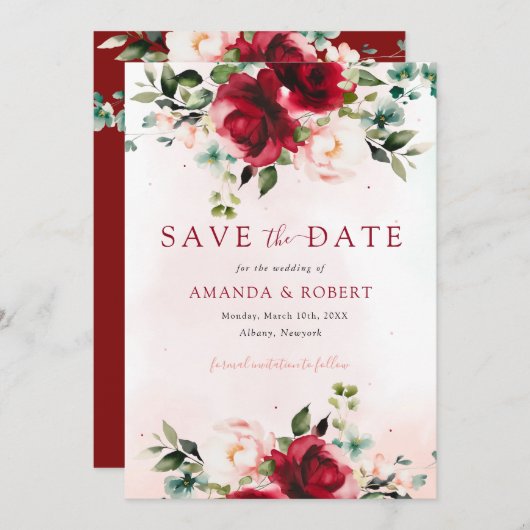 Moderne Bourgogne Blush Waterverf Bloemen Bruiloft Save The Date (Voorkant / Achterkant)
