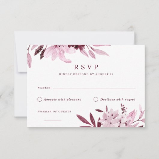 Moderne Bourgogne Blush Waterverf Bloemen RSVP-kaa Kaart (Voorkant)
