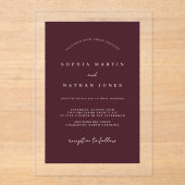 Moderne Bourgogne Clear Minimalistische bruiloft Acryl Uitnodigingen (Voorkant)