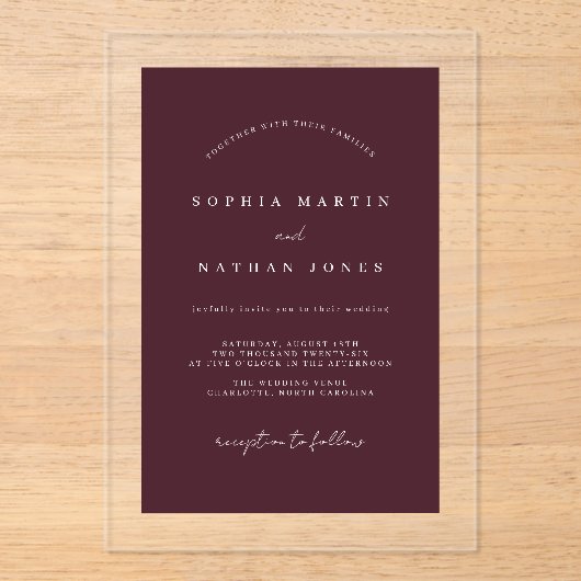 Moderne Bourgogne Clear Minimalistische bruiloft Acryl Uitnodigingen (Voorkant)