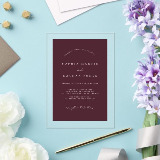 Moderne Bourgogne Clear Minimalistische bruiloft Acryl Uitnodigingen (Insitu (Huwelijk))