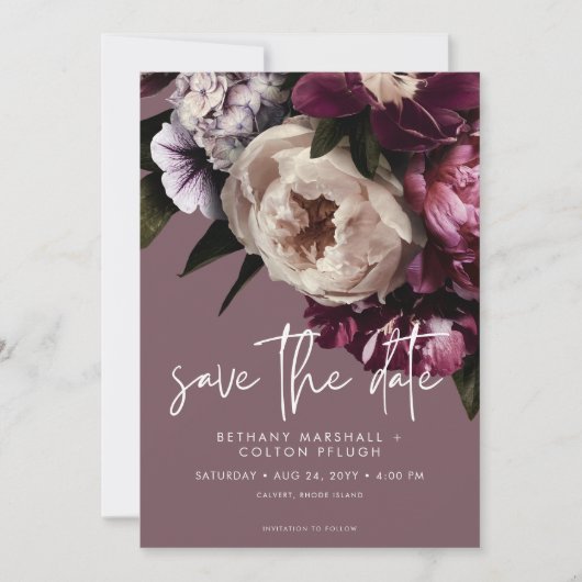 Moderne Bourgogne & Cream Pioenrozen Bloemenbruilo Save The Date (Voorkant)