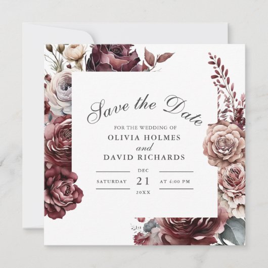 Moderne Bourgogne & Dusty Roos Bloemen Save the Da Save The Date (Voorkant)