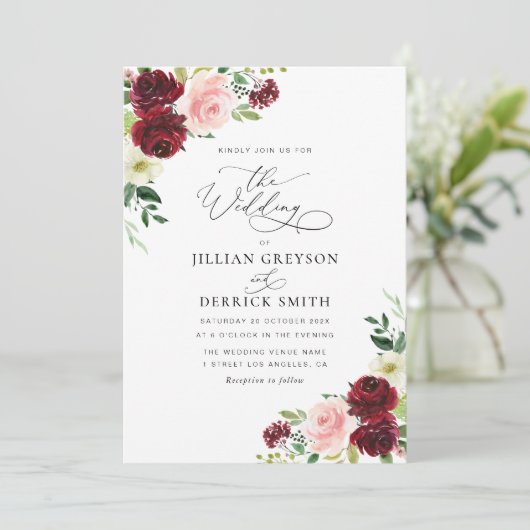 Moderne Bourgogne en blozen bloemenbruiloft Kaart (Staand voorkant)