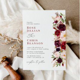 Moderne Bourgogne en blozen bloemenbruiloft Kaart