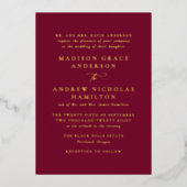 Moderne Bourgogne en gouden kalligrafie bruiloft Folie Uitnodiging (Voorkant)