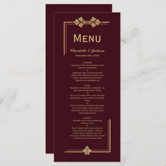 Moderne Bourgogne en gouden weddenschappen Menu (Voorkant / Achterkant)