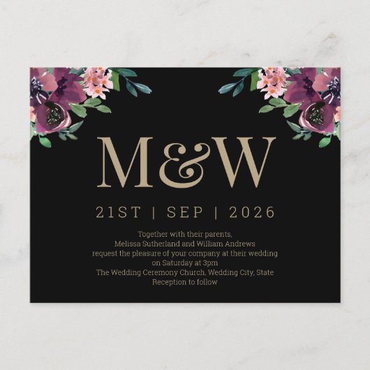 Moderne Bourgogne Floral Monogram bruiloft uitnodi Briefkaart (Voorkant)