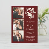 Moderne Bourgogne Foto Collage Bruiloft Save The Date (Staand voorkant)