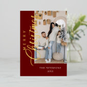 Moderne Bourgogne Foto Kerstgroet Goud Folie Feestdagenkaart (Staand Voorkant)