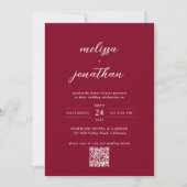 Moderne Bourgogne Foto Monogram QR code Bruiloft Kaart (Voorkant)