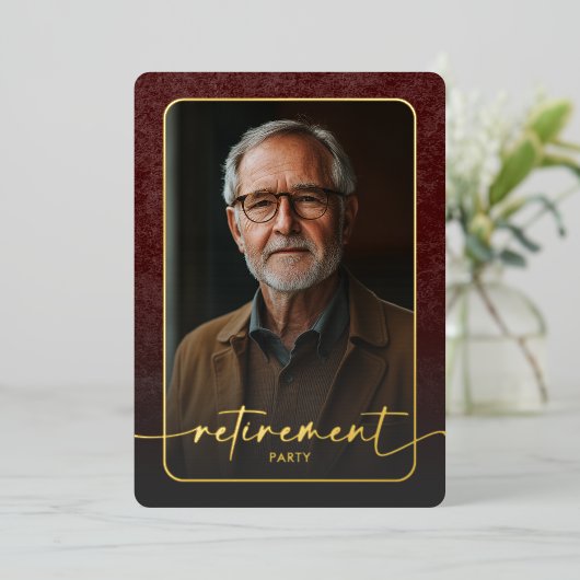 Moderne  Bourgogne Foto Retirement Party Folie Uitnodiging (Staand Voorkant)