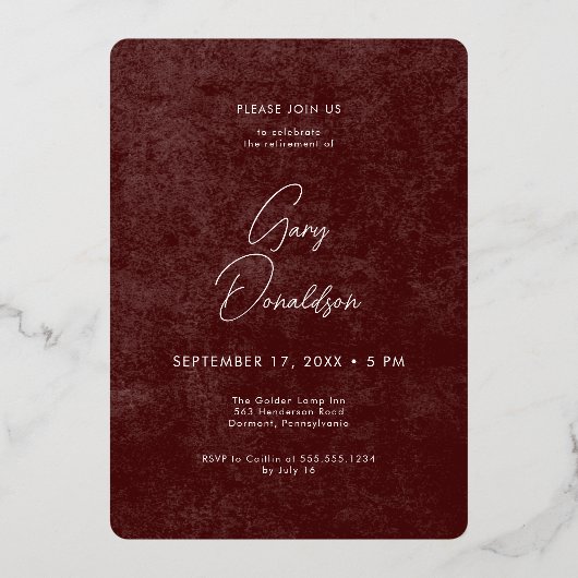 Moderne  Bourgogne Foto Retirement Party Folie Uitnodiging (Achterkant)