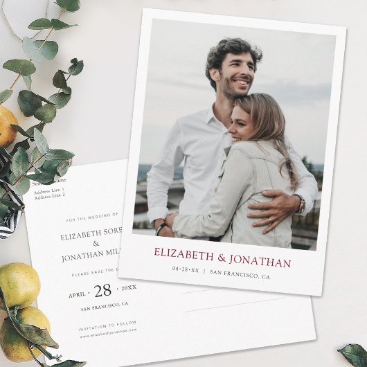 Moderne Bourgogne Foto Save the Date Wedding Uitnodiging Briefkaart