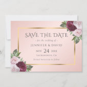Moderne Bourgogne Goud Blush Roze Bloem Save The Date (Voorkant)