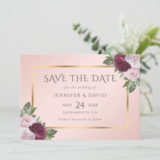 Moderne Bourgogne Goud Blush Roze Bloem Save The Date (Staand voorkant)