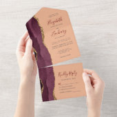 Moderne Bourgogne Gouden Agaat Perzik Bruiloft All In One Uitnodiging (Afscheurbaar)