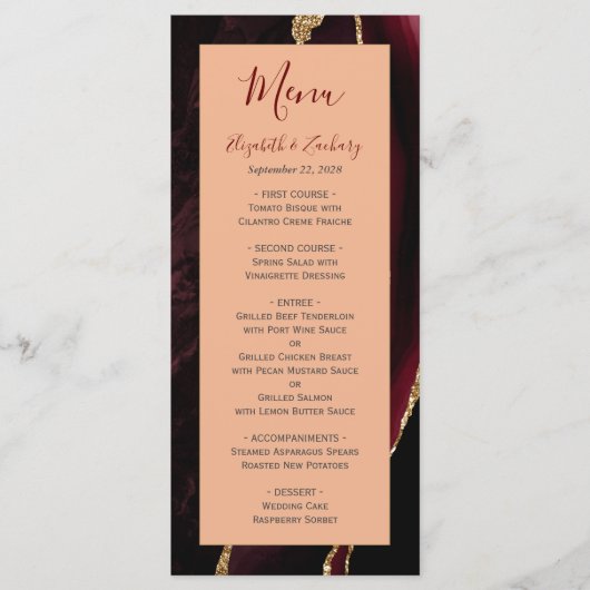 Moderne Bourgogne Gouden Agaat Perzik Bruiloft Menu (Voorkant)