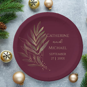 Moderne Bourgogne Gouden Blad Bruiloft Monogram Papieren Bordje
