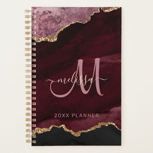 Moderne Bourgogne Gouden Glitter Agaat Monogram 20 Planner (Voorkant)