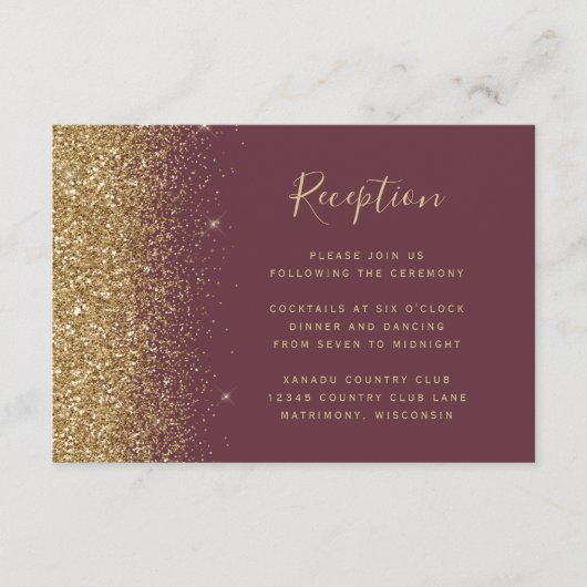 Moderne Bourgogne Gouden Glitter Bruiloft Receptie Informatiekaartje (Voorkant)