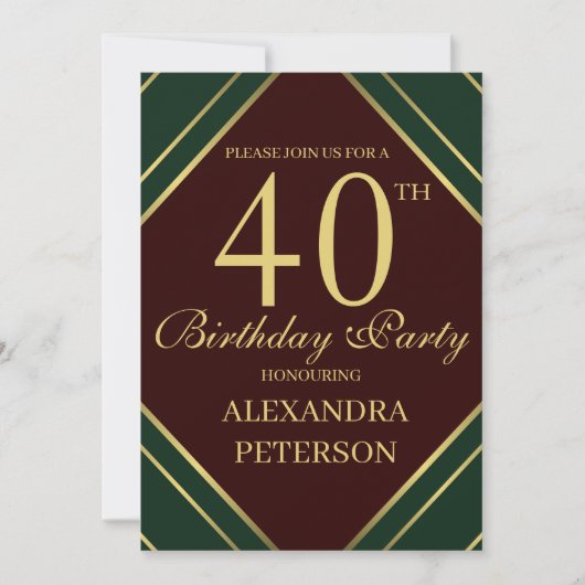 Moderne Bourgogne Groene en Gouden Strepen Verjaar Kaart (Voorkant)