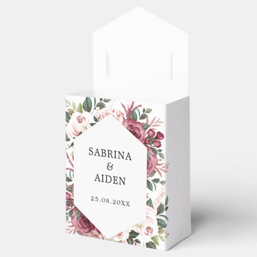 Moderne Bourgogne Ivoorcrème Roze Bloemenbruiloft Bedankdoosjes (Geopend)