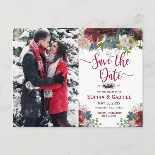 Moderne Bourgogne Marine Bloemen Save the Date Fot Aankondigingskaart (Voorkant)