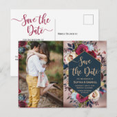 Moderne Bourgogne Marine Bloemenfoto Save the Date Aankondigingskaart (Voorkant / Achterkant)