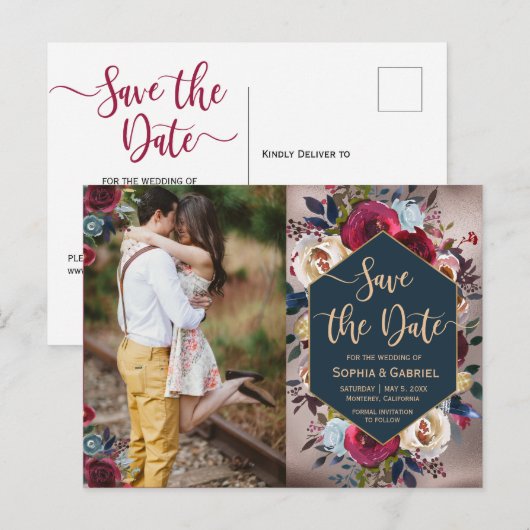 Moderne Bourgogne Marine Bloemenfoto Save the Date Aankondigingskaart (Voorkant / Achterkant)