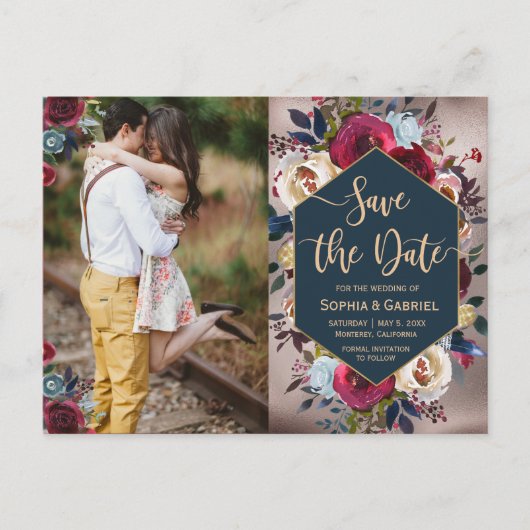 Moderne Bourgogne Marine Bloemenfoto Save the Date Aankondigingskaart (Voorkant)