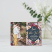 Moderne Bourgogne Marine Bloemenfoto Save the Date Aankondigingskaart (Staand voorkant)