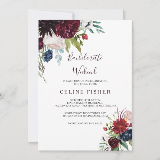 Moderne Bourgogne marine bloemenvrijgezellenweeken Kaart (Voorkant)