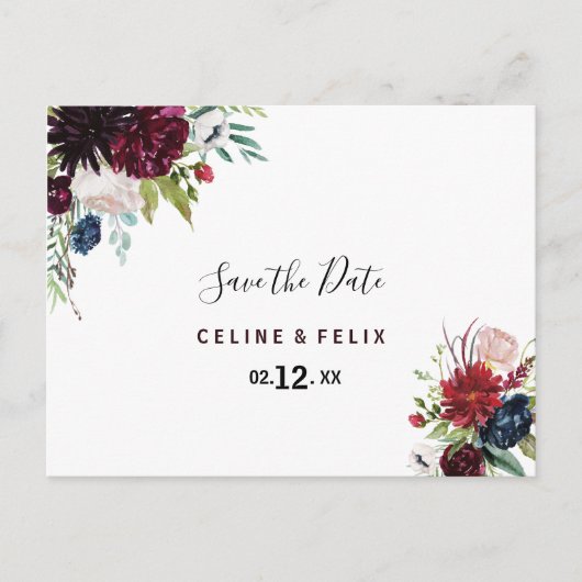 Moderne Bourgogne Marine Blush Bloemen Save the Da Briefkaart (Voorkant)