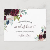 Moderne Bourgogne marine Blush Floral Maid of Hono Uitnodiging Briefkaart (Voorkant)