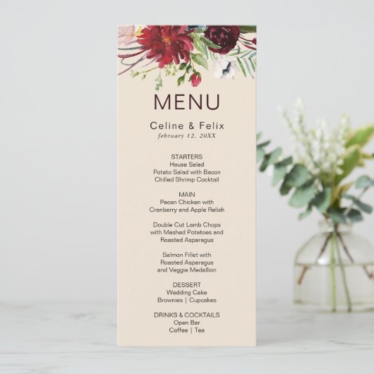 Moderne Bourgogne marine Blush Floral menu Kaart (Staand voorkant)