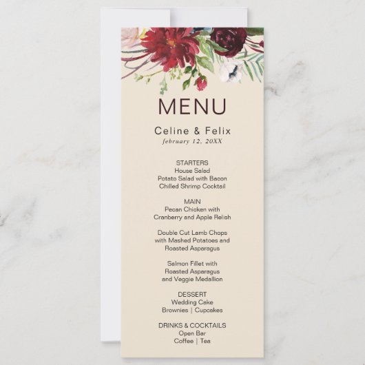 Moderne Bourgogne marine Blush Floral menu Kaart (Voorkant)