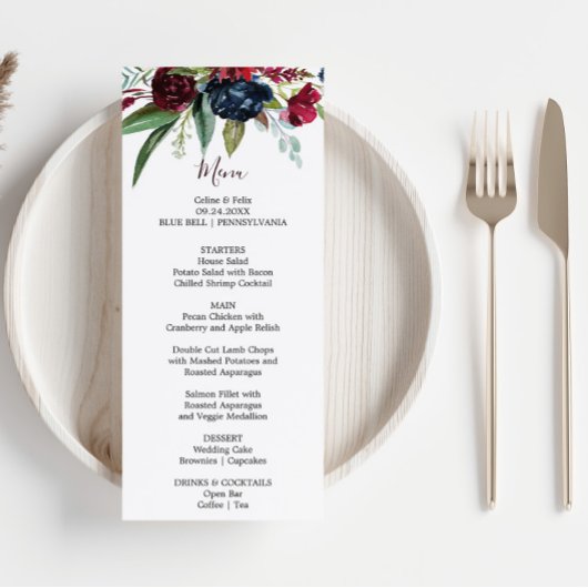 Moderne Bourgogne marine Blush Floral menu Kaart