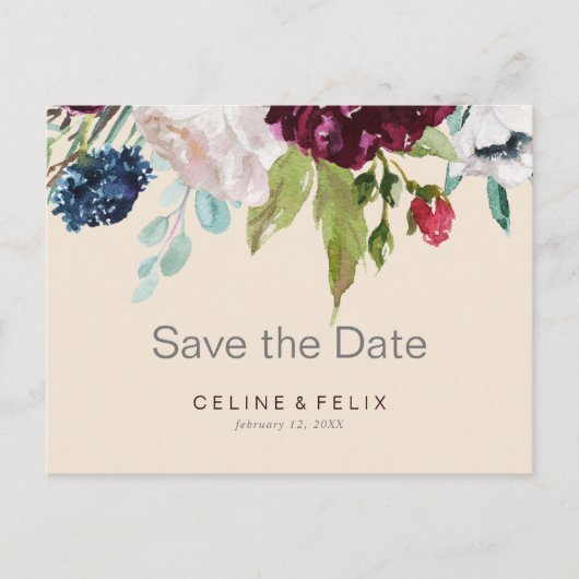 Moderne Bourgogne marine Blush Floral Save the Dat Briefkaart (Voorkant)
