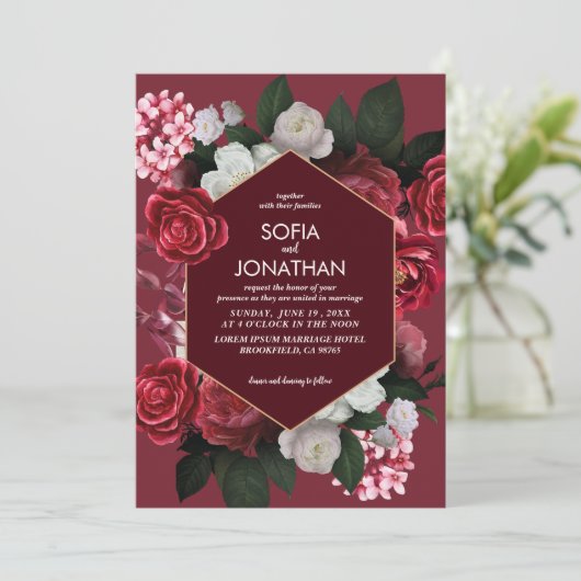 Moderne Bourgogne Maroon rustieke Floral Fall brui Kaart (Staand voorkant)