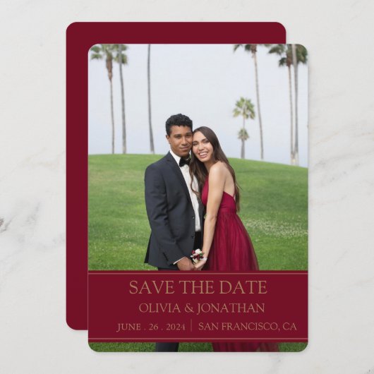 Moderne Bourgogne maroon Trouwfoto Save The Date (Voorkant / Achterkant)