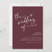 Moderne Bourgogne/Merlot Handwriting Heart Wedding Kaart (Voorkant)